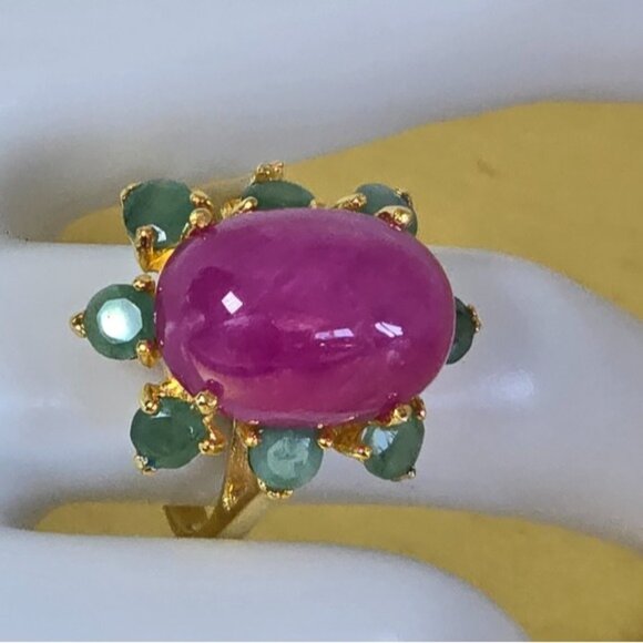 925 Sterling Silver Ring Sz 6.5 with Natural Oval Ruby 16x11mm & Emerald Gems - Picture 9 of 13